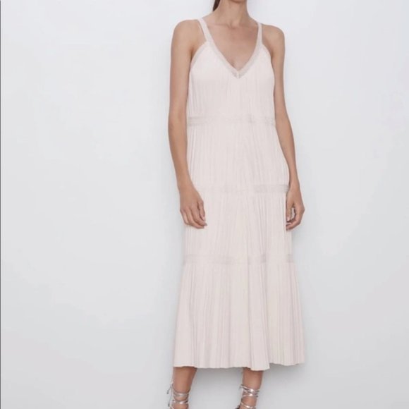 ZARA BANDAGE Knit Pleated Midi Dress Ivory Stretch Sleeveless V Neck Viscose L - Picture 10 of 16